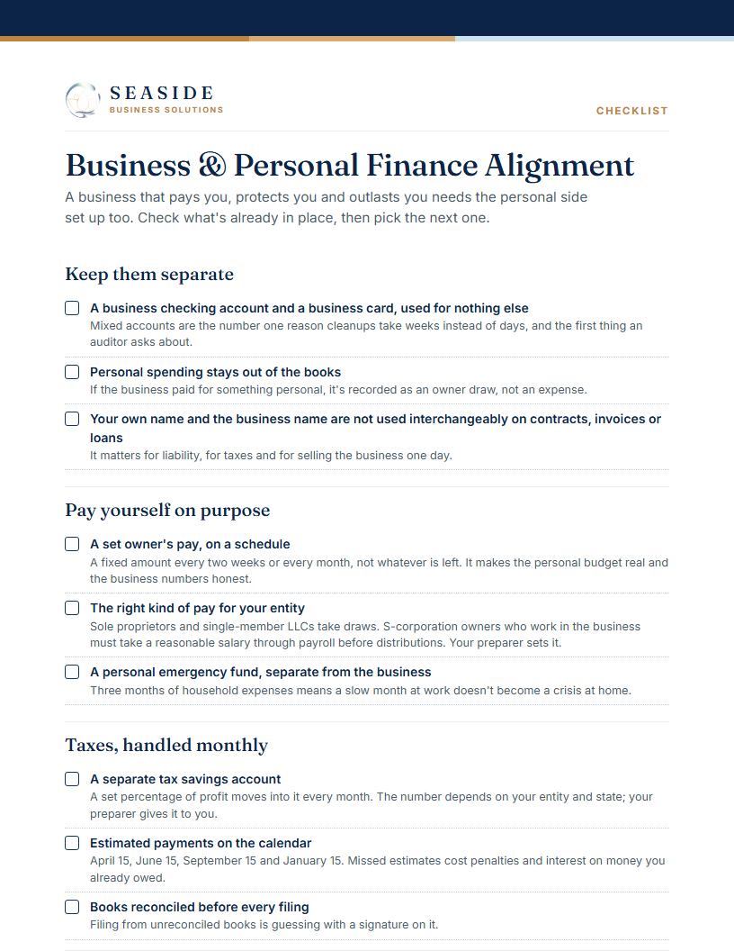 Business & Personal Finance Alignment, page one
