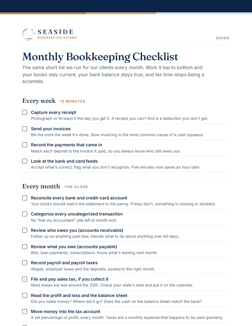 Monthly Bookkeeping Checklist, page one
