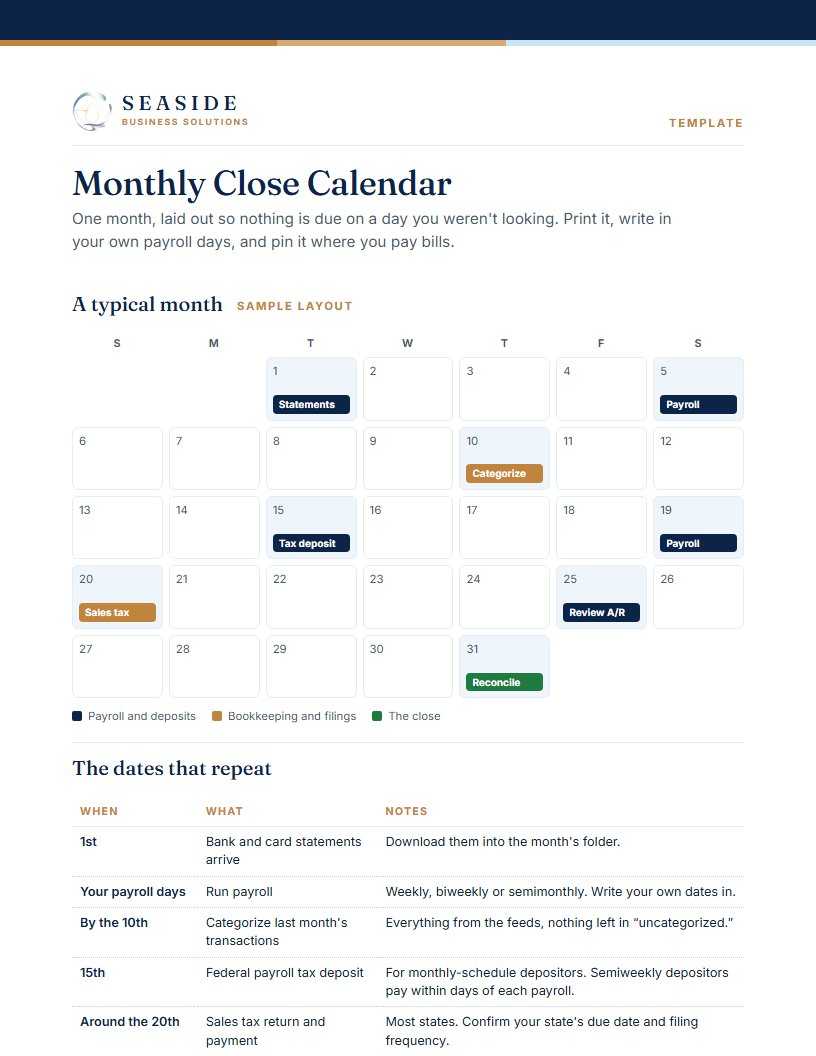 Monthly Close Calendar, page one